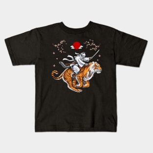 Japanese Cat Samurai Ninja Riding Tiger Kids T-Shirt